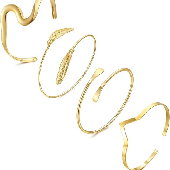 Set of 4 Gold Arm Cuffs for Women, Minimalist, Adjustable, Chic, Upper Arm Bangl - Picture 1 of 7